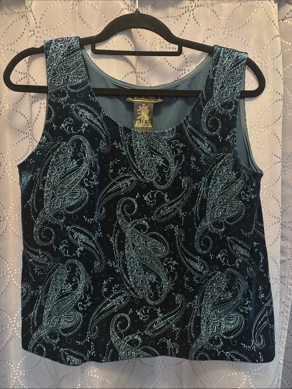 R&K Teal Paisley Sleeveless Tank - Teal on Black Velvet & Sparkly
